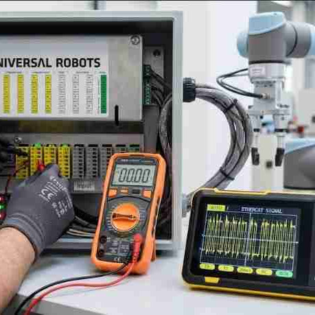 An automation engineer troubleshooting a UR communication error by inspecting EtherCAT bus terminals inside a Universal Robots control box, with an oscilloscope displaying signal jitter in the foreground.