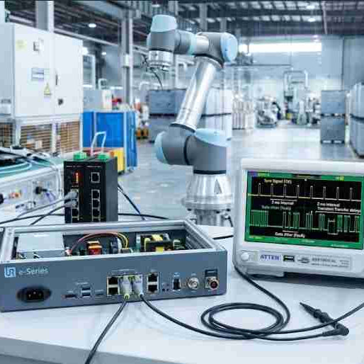 A digital storage oscilloscope capturing real-time network jitter and packet latency spikes on a PROFINET link causing a UR robot communication watchdog error.