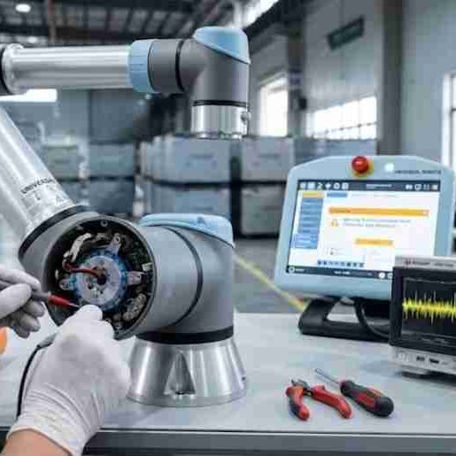 A close-up of a field service technician inspecting the internal encoder disc and signal harness of a Universal Robots joint to troubleshoot an e-Series position deviation fault.