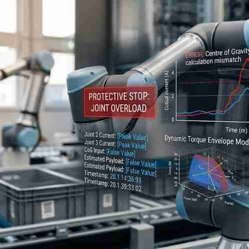 Universal Robots UR joint overload error troubleshooting guide, diagnosing protective stop conditions, payload CoG misconfigurations, torque estimator deviations, and cumulative thermal RMS current spikes.