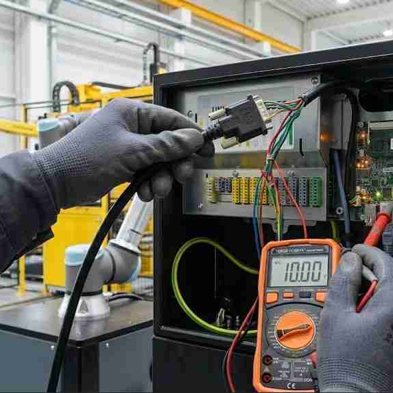 An automation technician inspecting the internal bus connections, Safety Control Board (SCB), and star grounding system inside an open Universal Robots control cabinet to diagnose random communication loss.