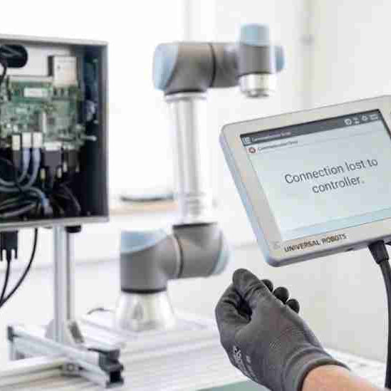 A maintenance technician performing a movement test on a Universal Robots teach pendant cable, bending the wire near the base to diagnose an intermittent communication error and lost connection to the controller.