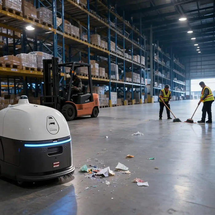 Autonomous cleaning robot operating in a warehouse where manual cleaning labor struggles to meet large-scale facility demands