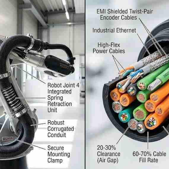 A technical illustration and cross-section of a robot DressPack conduit showing the 20-30% clearance rule with high-flex encoder and power cables moving freely to ensure motion reliability.