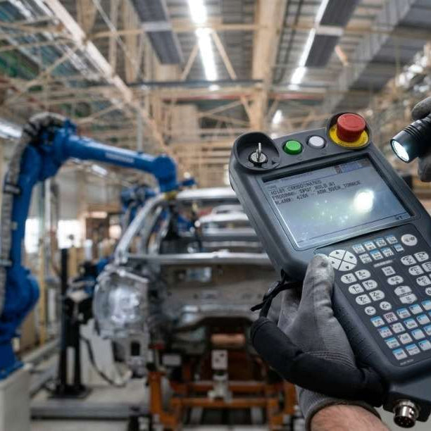 Yaskawa Motoman teach pendant black screen troubleshooting guide for DX100, DX200, and YRC1000 controllers, diagnosing LCD backlight failure and high-flex cable signal degradation.