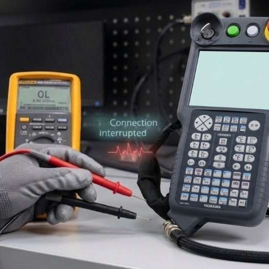 Yaskawa Motoman teach pendant dead and unresponsive troubleshooting guide for DX100, DX200, and YRC1000 controllers, diagnosing heavy-flex cable failures, controller power supply issues, and connection dropouts.