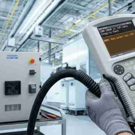 A maintenance technician performing a cable movement test on a Yaskawa teach pendant, gently bending the black JZSP-CVP communication cable near the connector to troubleshoot an intermittent pendant communication error with a YRC1000 controller.
