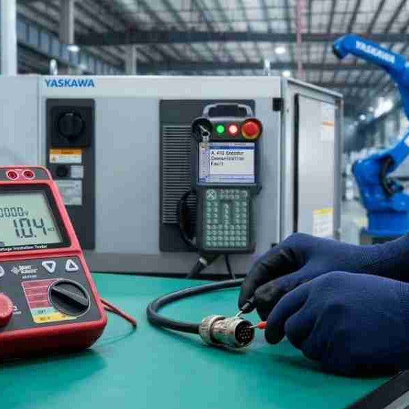 A technical diagnostic photograph of a technician inspecting a Yaskawa robot encoder cable connector to troubleshoot a random system communication timeout and A.410 servo alarm.