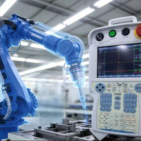 A high-tech view of a blue-overlay industrial robot arm paired with a programming pendant displaying joint servo diagnostic curves, illustrating the real-time closed-loop signal path and error tracking of the Yaskawa Sigma feedback system.