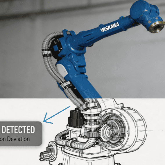 A technical diagnostic view of a Yaskawa SP80 industrial robot, showing a real-world photo transitioning into a mechanical wireframe to illustrate axis drift and feedback position deviation in the joint assembly.