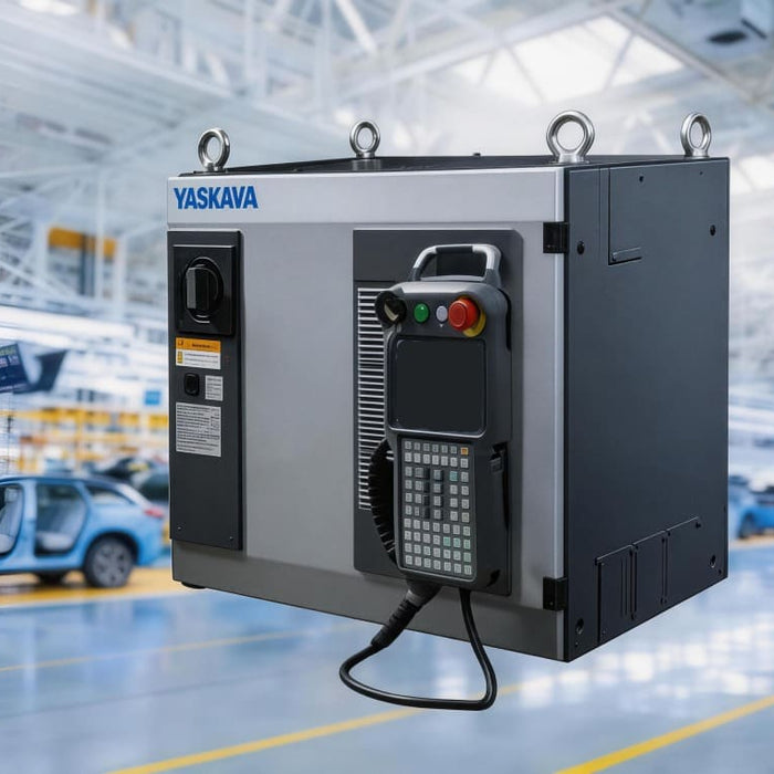A high-resolution photo of a Yaskawa robot controller in an automotive factory, featuring a teach pendant with a blank screen hanging on the cabinet door to illustrate display failure and power supply troubleshooting.