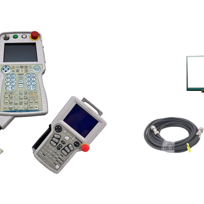 Various Yaskawa Motoman teach pendants displayed with a replacement touch screen overlay and a coiled teach pendant connection cable on a white background.