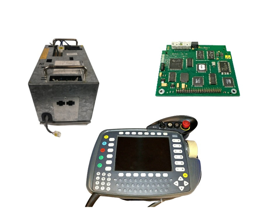 KUKA KRC1 robot spare parts: KCP1 teach pendant, KSD drive module, and PC office board on white background.