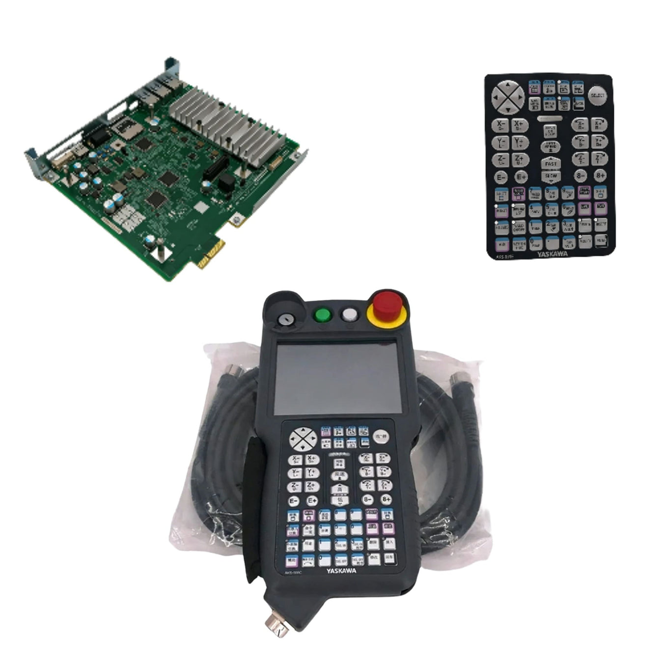 Yaskawa YRC1000 robot parts: teach pendant controller, circuit board, and keypad membrane on a white background